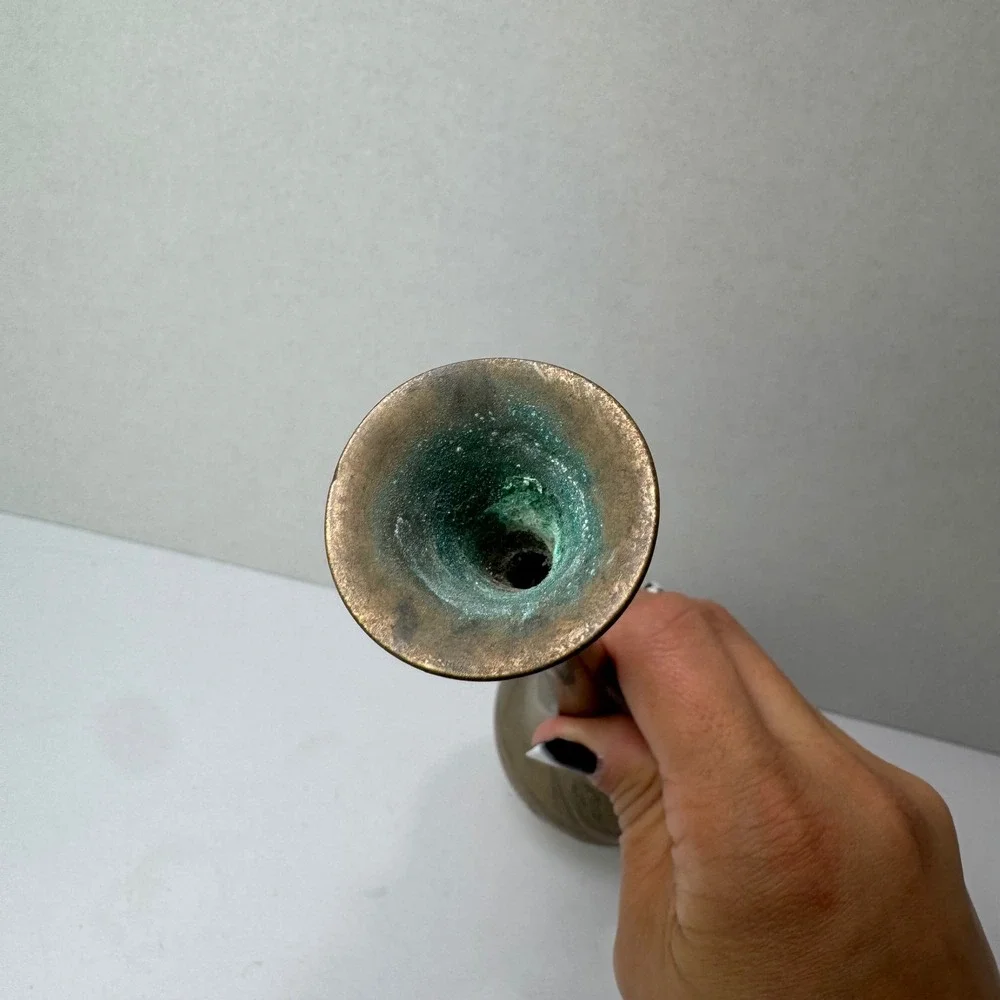 Vintage Solid Brass Bud Vase Tall Etched Floral Design Decorative Accent MCM EUC